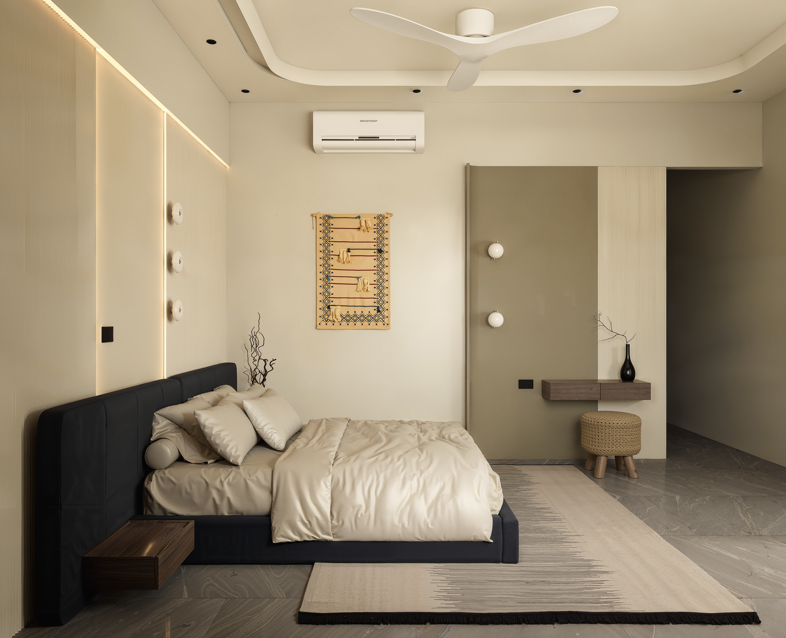 Bedroom with black headboard, ceiling fan and woven wall tapestry